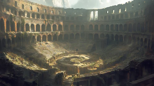 Sunlit ruins reveal a vast, overgrown stone coliseum.