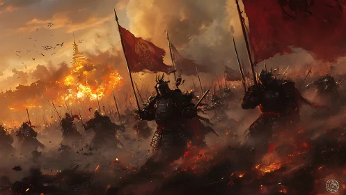 Storm of samurai steel beneath a burning scarlet sky.