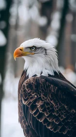 Winter forest portrait of a calm, sharp-eyed bald eagle.
