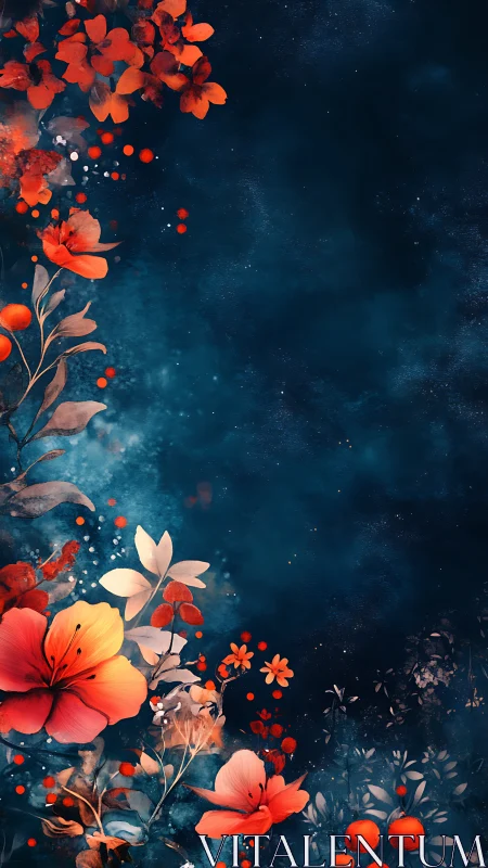 Red Flowers Bloom Against Cosmic Dark Blue Night Sky
