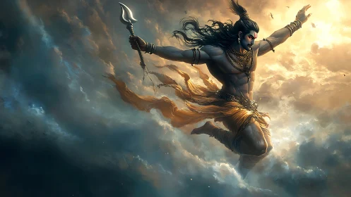 Mythic warrior leaping through stormlit clouds with trident poised
