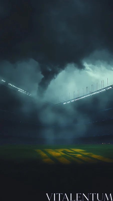 Tornado funnel over empty stadium under dark storm clouds.