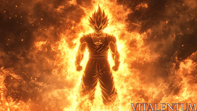 Fiery anime warrior silhouette stands engulfed in blazing aura