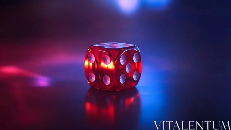 Neon-lit ruby dice glows softly in a dreamy cyber haze