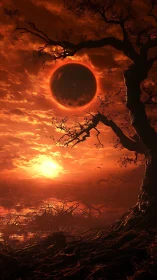 Eclipsed red sun over desolate swamp with silhouetted twisted tree