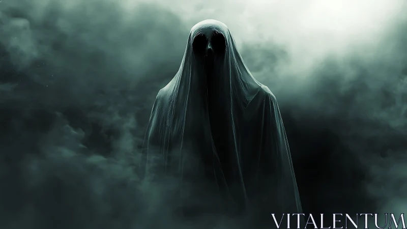 Shrouded ghost figure emerges from dense swirling fog