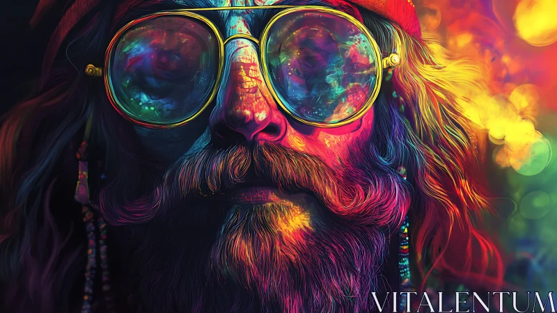Psychedelic bearded man with reflective neon glasses.