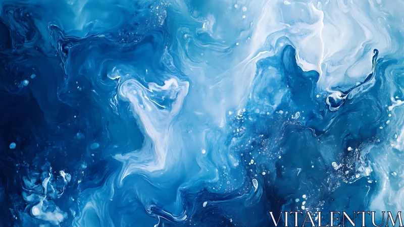 Abstract blue and white fluid art painting with dreamy swirls.