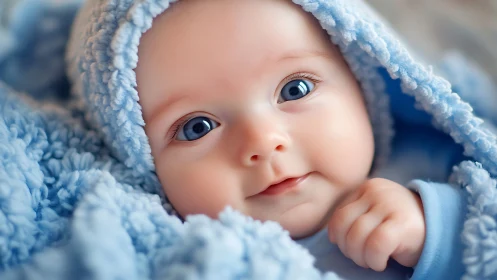Swaddled Newborn Baby in Blue Blanket Portrait