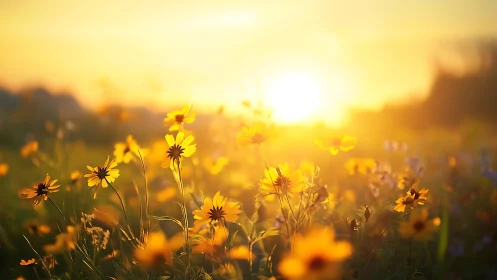 Golden wildflowers glow gently in the soft evening sunlight