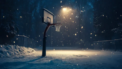 Snowy outdoor basketball hoop under night streetlight.