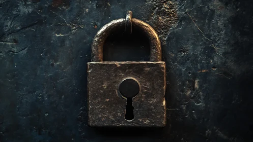 Weathered metal padlock rests against dark textured steel