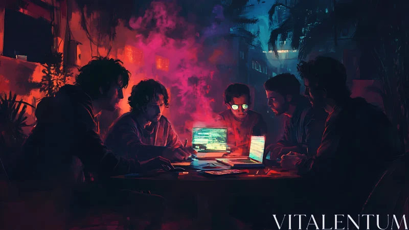 Cyberpunk hackers collaborate around glowing laptops at night.