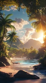 Tropical cove at sunrise with mountains and calm water.