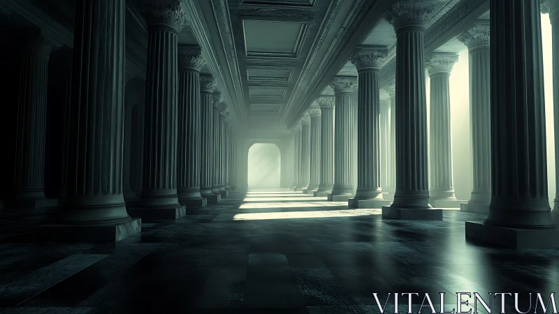 Cinematic neoclassical colonnade receding toward luminous exit