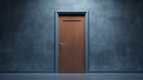 Closed wooden door in blue wall under soft even light.