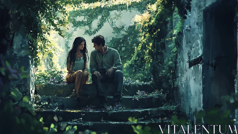 Two figures meet in verdant stone corridor with dappled light.