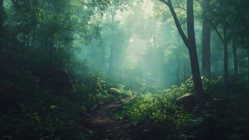 Misty Forest Pathway Through Towering Evergreens with Diffused Light.