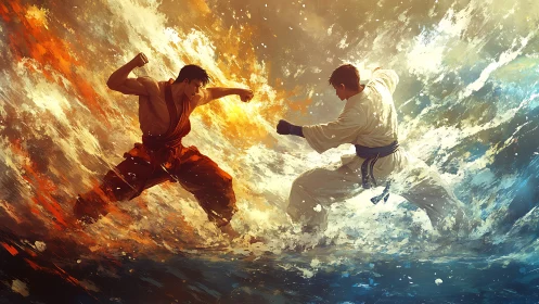 Two martial artists engage in combat amid abstract elements