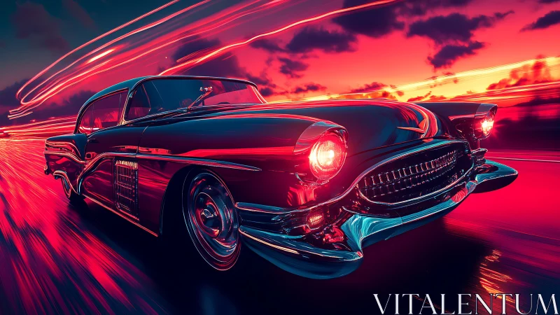 Neon-lit retro coupe in high-speed cyberpunk motion blur.