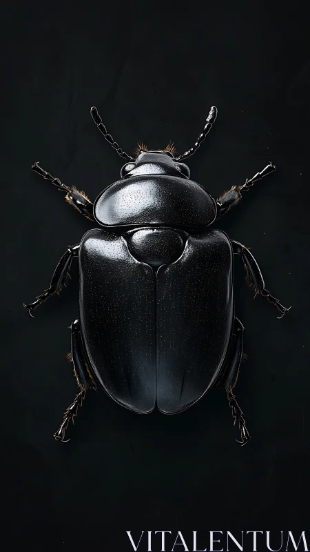 Metallic black beetle macro on deep matte background.