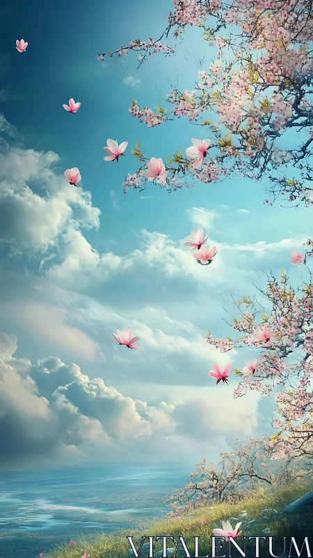 Wind-driven cherry blossoms drift above coastal horizon under clouds