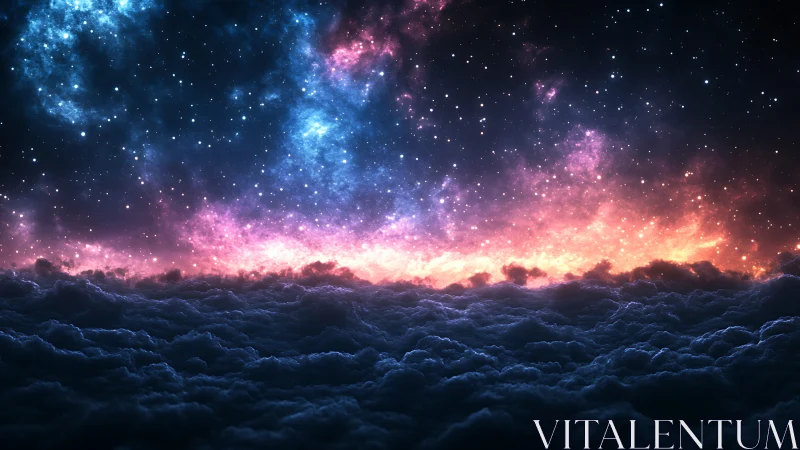 Stellar nebula over dense cloudscape at night sky horizon.