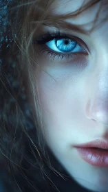 Close female face with icy blue eye in tight vertical crop