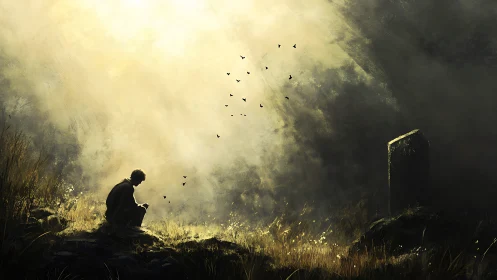 Solitary mourner under radiant sky beside distant grave.