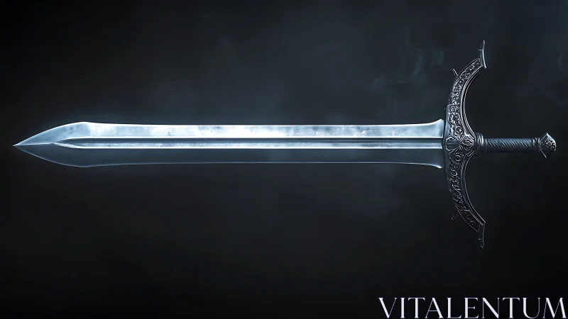 Rendered broadsword rests horizontally against dark backdrop