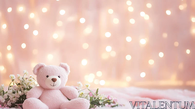 Pink teddy bear sits on fluffy surface with floral accents