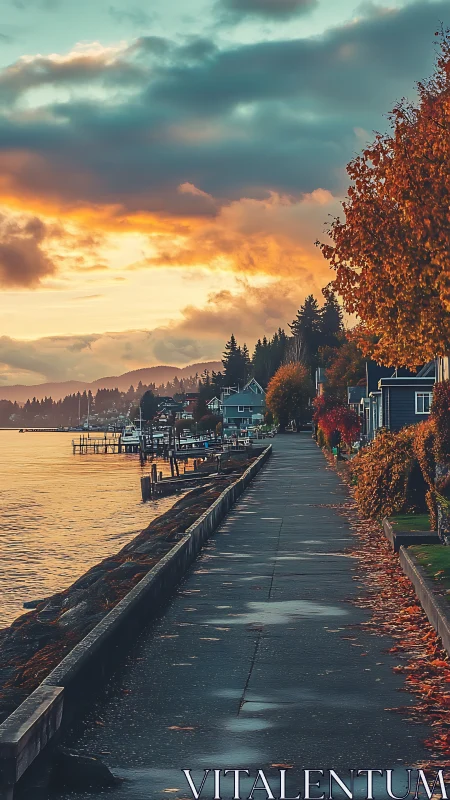 Waterfront sidewalk with autumn trees at sunset light.