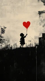 Child's Silhouette Holding Red Heart Against Weathered Urban Wall