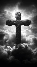 Storm-scarred stone cross rises through thunderhead light