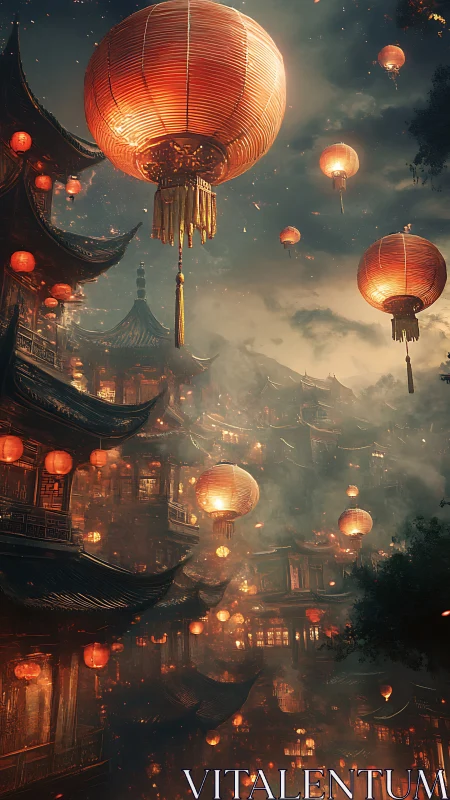 Lanterns drift gently above glowing rooftops at festival night