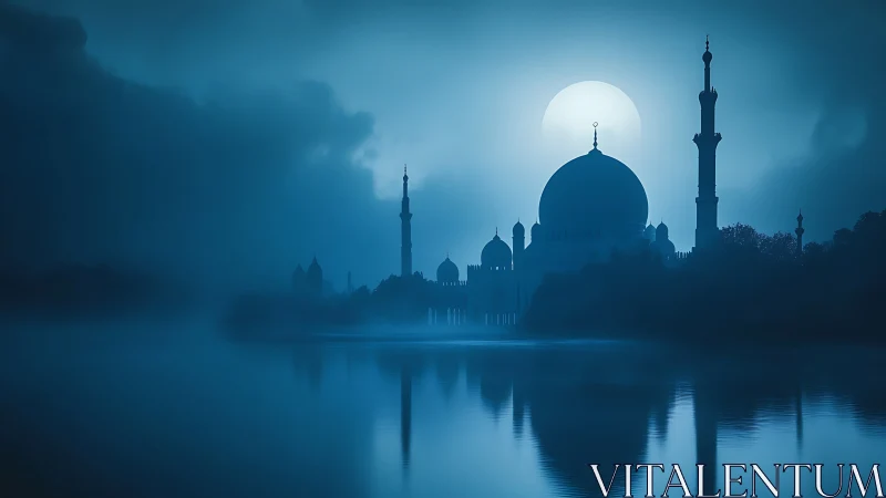 Mosque silhouette with full moon over reflective water.