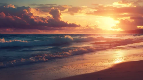 Sunset surf whispers across a glowing, ember-tinted shore.