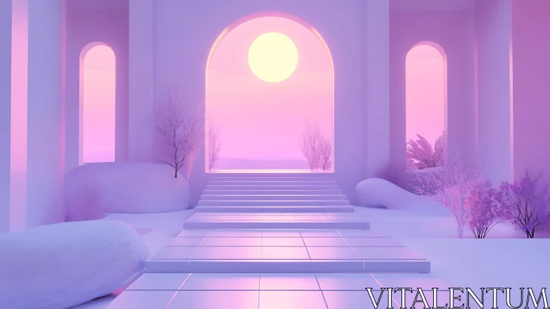 Surreal Corridor with Luminous Moon and Architectural Columns