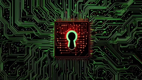 Cyberpunk lock interface on luminous circuit matrix board.