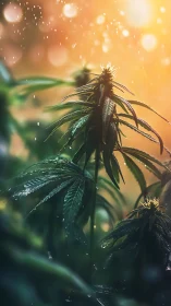 Backlit cannabis plant glows under gentle evening rainfall.