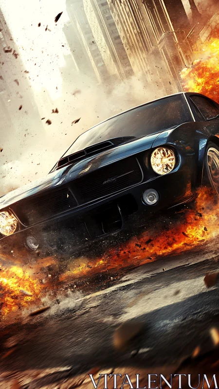Muscle car outruns urban firestorm in cinematic escape.