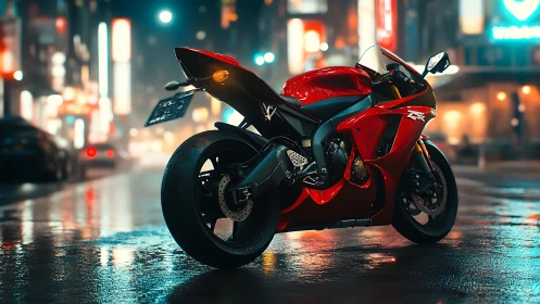 Red superbike on wet neon city street at night, low angle view.