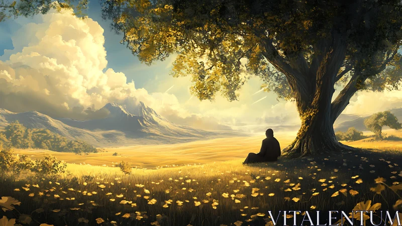 Solitary figure under tree overlooking golden valley landscape.