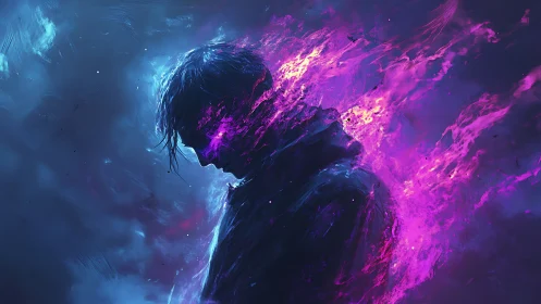 Shrouded figure dissolving into neon violet flames.