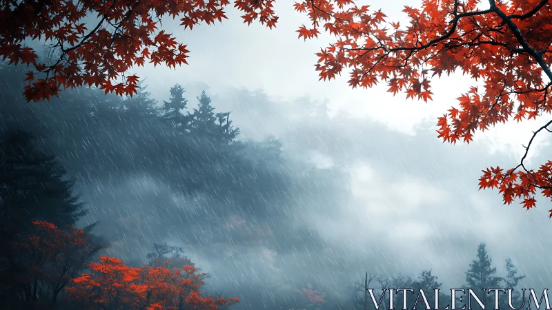 Red maple foliage frames misty forest in steady rainfall