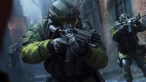 Digital combat illustration of tactical squad in urban corridor.