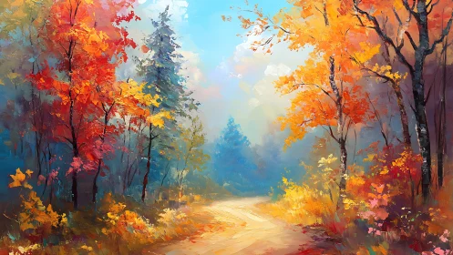 Autumn forest path in saturated impasto color study.