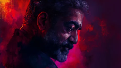 Pensive elder in neon reds and violets contemplates quietly.