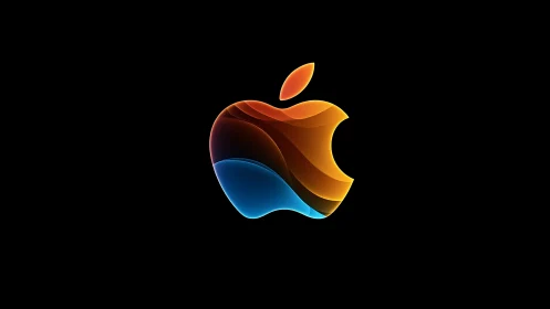 Multicolor layered apple-shaped logo on black background.