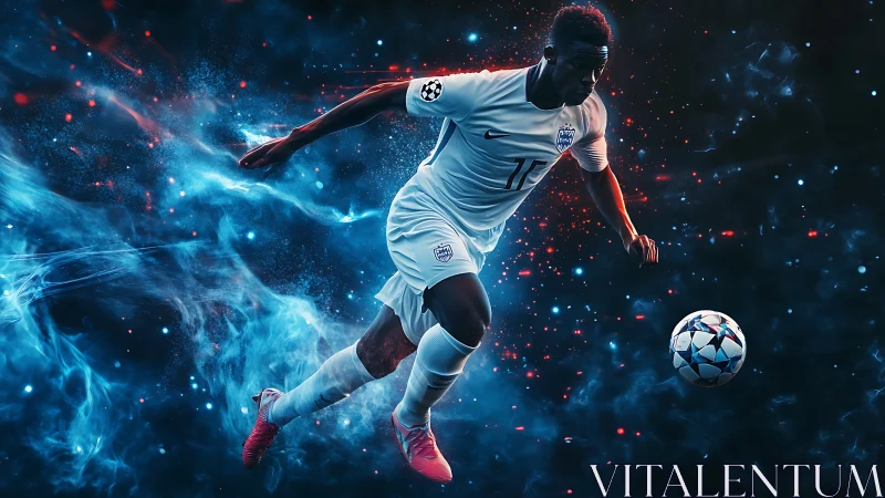 Digital soccer player in motion within abstract energy field.
